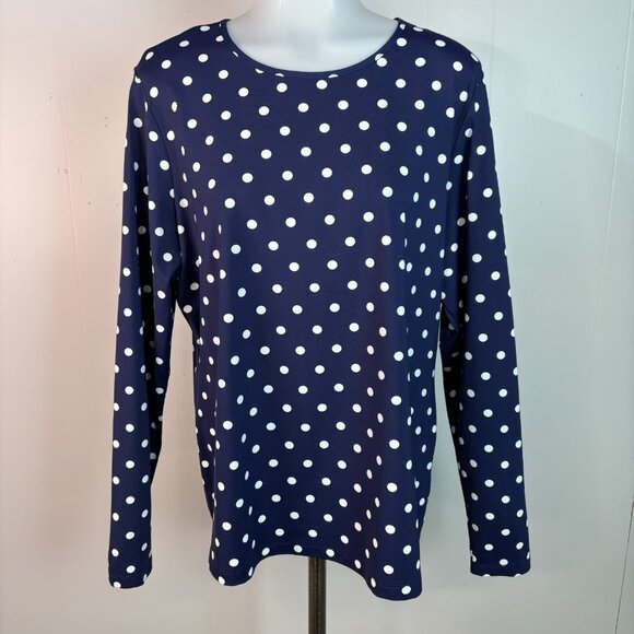 Lands' End Top XL Navy Blue Polka Dot Stretch Nylon Long Sleeve Shirt Women's - Picture 1 of 8